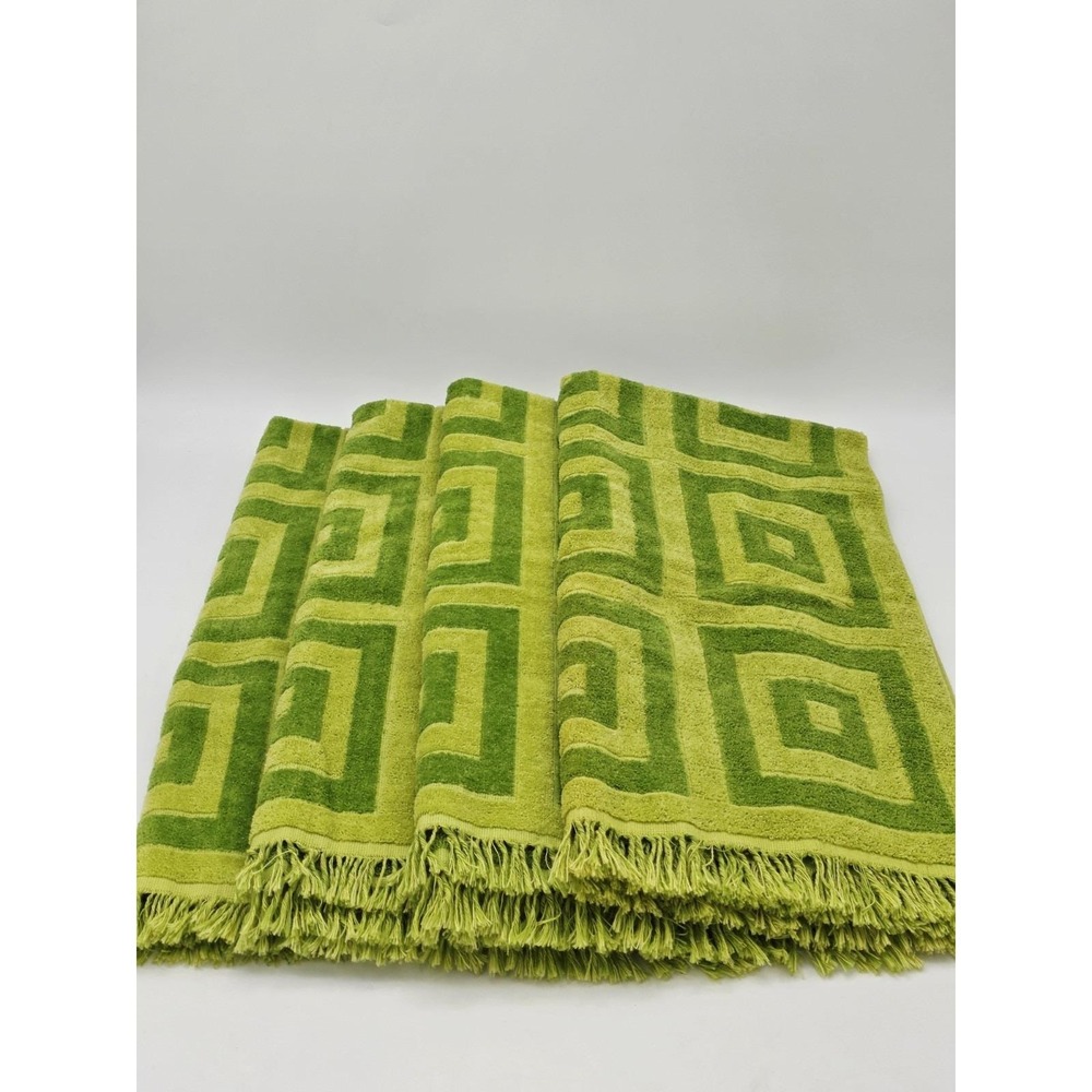 Vintage Cannon Bath Towels Set Of 4 Geometric Squares Green Excellent Cond.